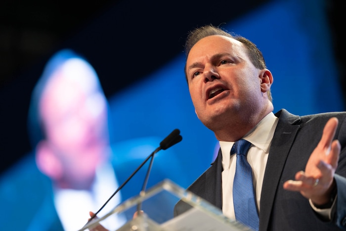 (Francisco Kjolseth | The Salt Lake Tribune) Sen. Mike Lee speaks with delegates attending the Utah Republican Party’s 2021 Organizing Convention at the Maverik Center in West Valley City on Saturday, May 1, 2021, as they return to an in-person format after the pandemic forced the nominating convention to go online last year.
