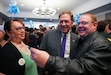 (Bethany Baker  |  The Salt Lake Tribune) Former Rep. Brian King, center, last year's Democratic nominee for governor of Utah, takes a selfie with Zachary Angell, right, at an election night watch party in 2024. King is seeking the party's top post.