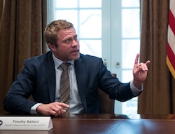 (Sarah Silbiger | The New York Times) Tim Ballard, the founder of Operation Underground Railroad, talks during a meeting in the White House in 2019. Former employees told investigators that they worried the group was inflating its rescue numbers.