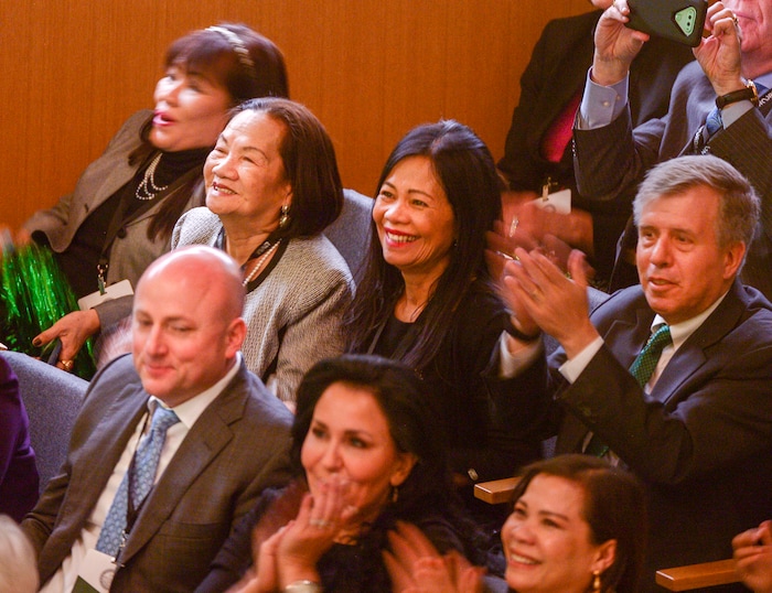 Leah Hogsten  |  The Salt Lake Tribune  l-r Utah Valley University president Astrid Tuminez's sister Julie Ludlow, mother Redencion Tuminez, sister Marley Sutton and husband Jeffery Tolk celebrate during Astrid's presidential inauguration, becoming UVU's first female president Wednesday. Astrid Tuminez became the university's seventh president, March 27, 2019. Tuminez will oversee a campus of over 37,000 students with a top-tier teaching program, a competitive business school and a popular open admissions policy. Born and raised in the Philippines, she has a bachelor's degree from Brigham Young University, a master's degree from Harvard University and a doctorate from Massachusetts Institute of Technology.