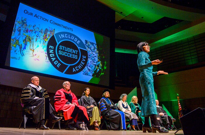 Leah Hogsten  |  The Salt Lake Tribune  Utah Valley University inaugurated its first female president Wednesday. Astrid Tuminez became the university's seventh president, March 27, 2019. Tuminez will oversee a campus of over 37,000 students with a top-tier teaching program, a competitive business school and a popular open admissions policy. Born and raised in the Philippines, she has a bachelor's degree from Brigham Young University, a master's degree from Harvard University and a doctorate from Massachusetts Institute of Technology.