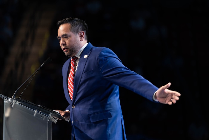 (Francisco Kjolseth | The Salt Lake Tribune) Utah Attorney General Sean Reyes speaks with delegates attending the Utah Republican Party’s 2021 Organizing Convention at the Maverik Center in West Valley City on Saturday, May 1, 2021, as they return to an in-person format after the pandemic forced the nominating convention to go online last year.