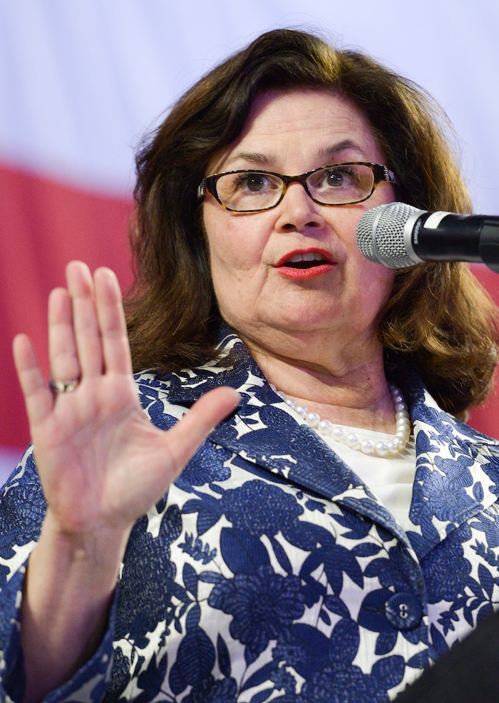 (Leah Hogsten  |  The Salt Lake Tribune) Convention chairwoman Enid Greene Mickelsen tries to maintain order with the raucous crowd at the Utah Republican Nominating Convention Saturday, April 21, 2018 at the Maverik Center. 