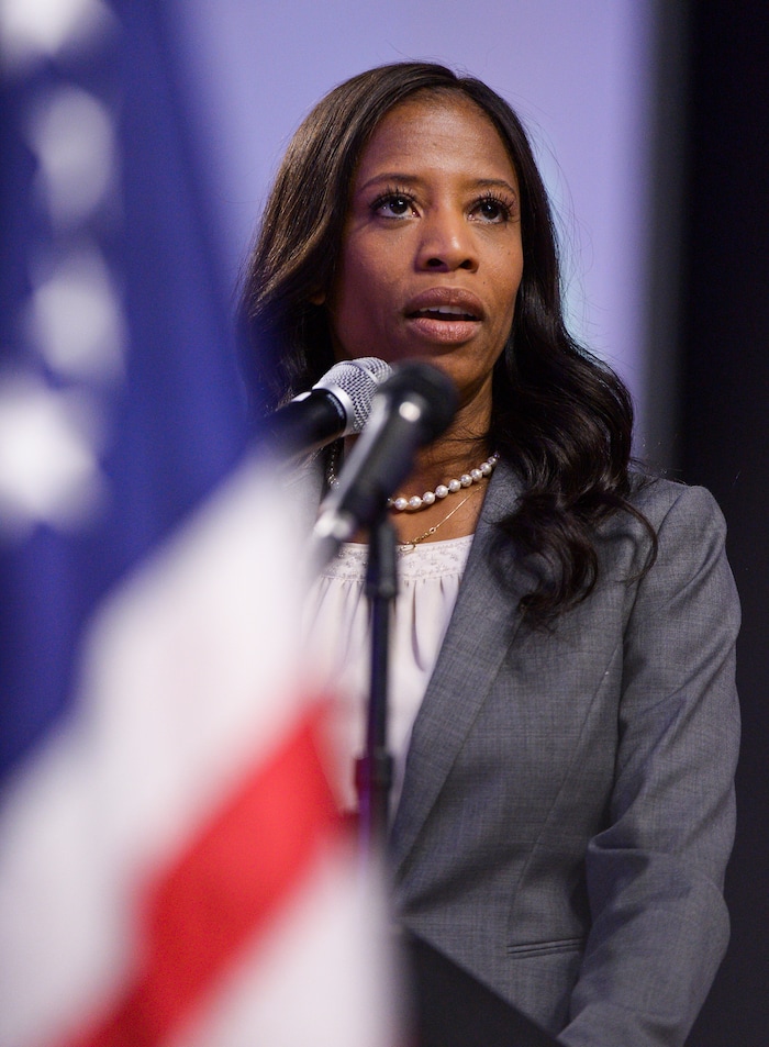 (Leah Hogsten  |  The Salt Lake Tribune) Mia Love, Representative for Utah's 4th Congressional District, addresses the delegates at the Utah Republican Nominating Convention Saturday, April 21, 2018 at the Maverik Center. 