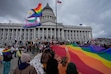 (Francisco Kjolseth | The Salt Lake Tribune) The Utah Pride Center sponsors a protest at the Utah Capitol over HB77, a bill that bans pride flags from Utah schools and government property, on the last day of the Legislative session, Friday, March 7, 2025.