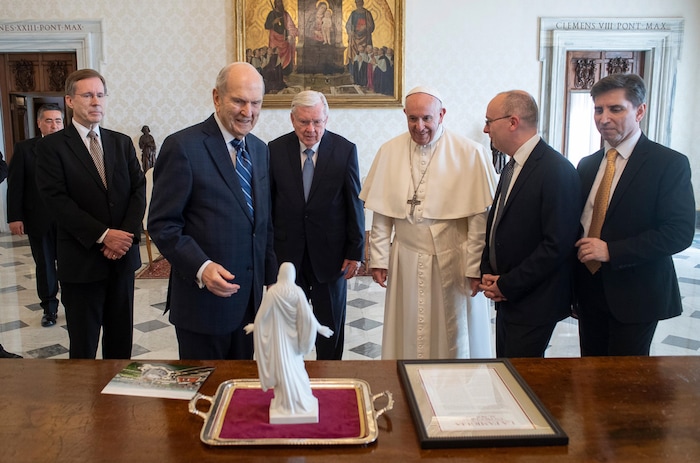 (Photo courtesy of the Vatican) Latter-day Saints President Russell M. Nelson gave Pope Francis a Christus statue and a framed Proclamation on the Family in Italian during their historic meeting at the Vatican on Saturday, March 9, 2019.