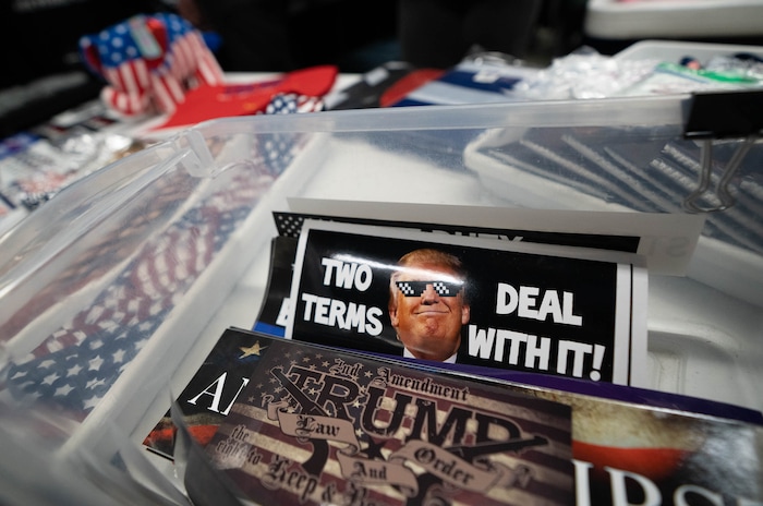 (Francisco Kjolseth | The Salt Lake Tribune) Trump memorabilia is sold during the Utah Republican Party’s 2021 Organizing Convention at the Maverik Center in West Valley City on Saturday, May 1, 2021.