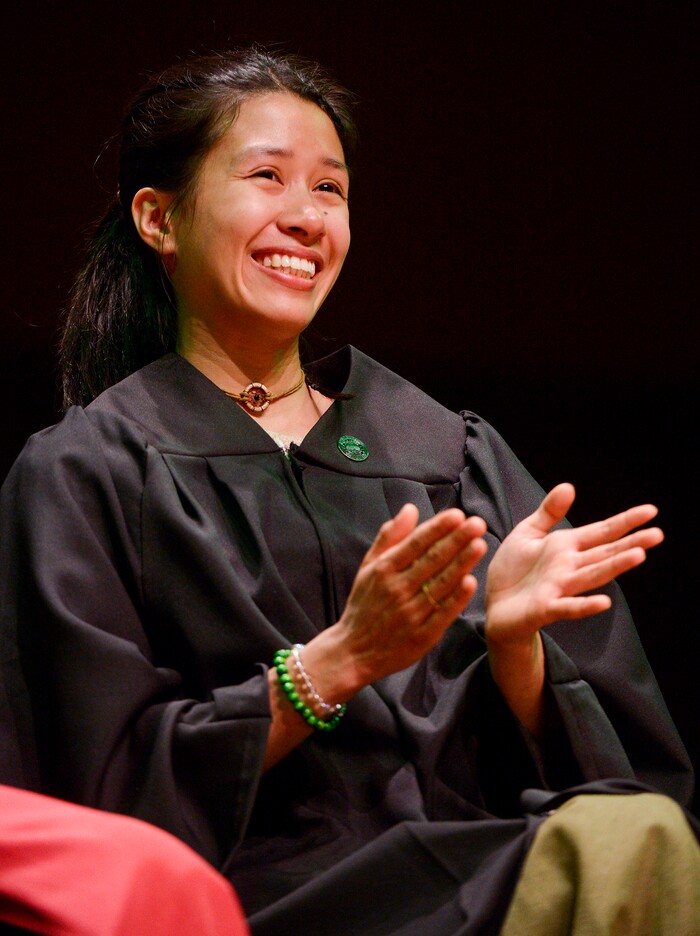 Leah Hogsten  |  The Salt Lake Tribune   Utah Valley University president Astrid Tuminez's daughter, Michal Tuminez celebrates her mother during Astrid's presidential inauguration, becoming UVU's first female president Wednesday. Astrid Tuminez became the university's seventh president, March 27, 2019. Tuminez will oversee a campus of over 37,000 students with a top-tier teaching program, a competitive business school and a popular open admissions policy. Born and raised in the Philippines, she has a bachelor's degree from Brigham Young University, a master's degree from Harvard University and a doctorate from Massachusetts Institute of Technology.