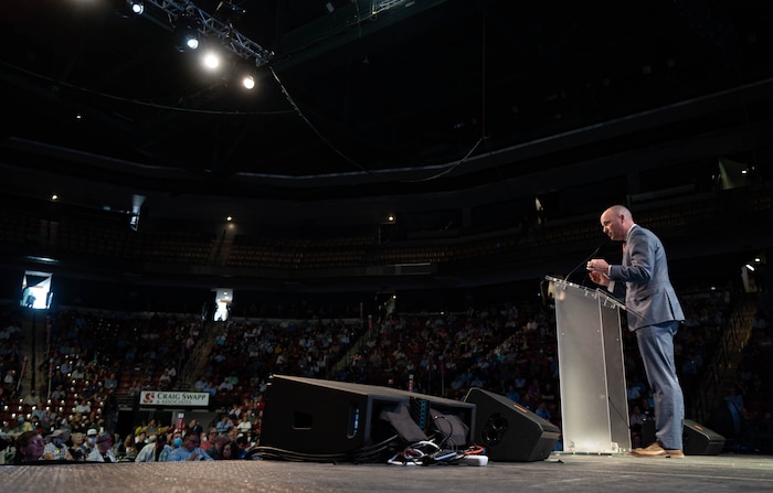 (Francisco Kjolseth | The Salt Lake Tribune) Gov. Spencer Cox addresses delegates attending the Utah Republican Party’s 2021 Organizing Convention at the Maverik Center in West Valley City on Saturday, May 1, 2021, as they return to an in-person format after the pandemic forced the nominating convention to go online last year.