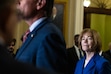 Sen. Tina Smith (D-Minn.) speaks during a press conference in Washington, June 10, 2025. In an interview, Smith attributes a political environment awash in violent threats and acts to the toxic atmosphere created by Donald Trump. "It's impossible to ignore the facts that he pardoned people who attacked the Capitol and assaulted police officers because he believes that they did it in his name," she said.