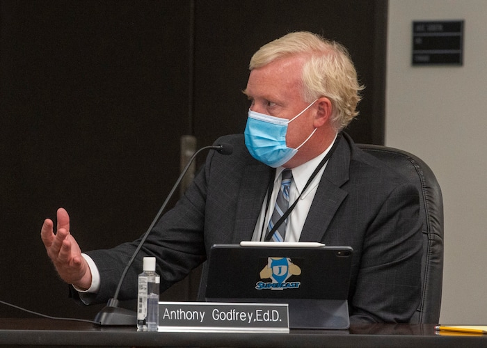 (Rick Egan  |  The Salt Lake Tribune)   Superintendent of Schools Anthony Godfrey answers a question during the Jordan School Board meeting, discussing the Covid-19 cases at Riverton High School, on
Wednesday, Sept. 16, 2020.
