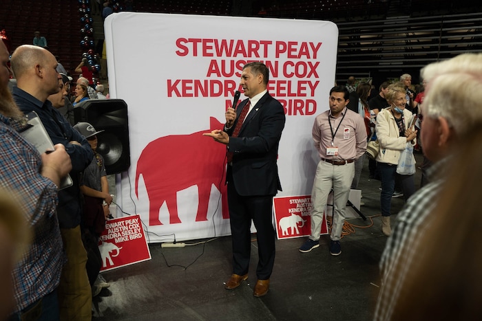 (Francisco Kjolseth | The Salt Lake Tribune) Stuart Peay, running for Utah Party Chair, speaks with delegates attending the Utah Republican Party’s 2021 Organizing Convention at the Maverik Center in West Valley City on Saturday, May 1, 2021.