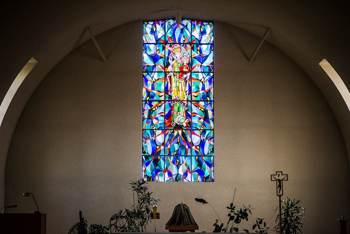 (Chris Detrick  |  The Salt Lake Tribune)  A stained-glass window in the chapel at the Abbey of Our Lady of the Holy Trinity in Huntsville on Wednesday, Aug. 23, 2017.