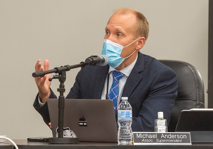 (Rick Egan  |  The Salt Lake Tribune)   Michael Anderson, Assoc. Superintendent, answered questions during the Jordan School Board meeting, discussing the Covid-19 cases at Riverton High School, on Wednesday, Sept. 16, 2020.