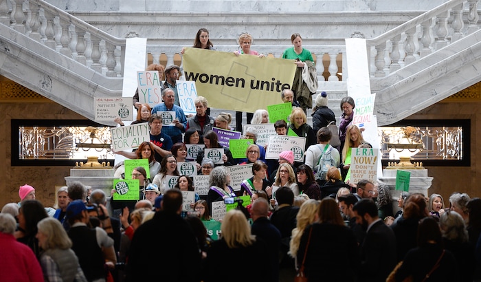 (Francisco Kjolseth  |  The Salt Lake Tribune)  Local supporters of the Equal Rights Amendment rally at the Utah Capitol on Tuesday, Dec. 3, 2019, to encourage Utah to ratify the ERA.