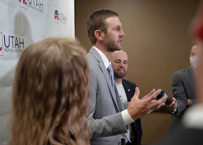 (Francisco Kjolseth | The Salt Lake Tribune) New Utah Republican Party Chairman Carson Jorgensen speaks with the media following his win following the Utah Republican Party’s 2021 Organizing Convention at the Maverik Center in West Valley City on Saturday, May 1, 2021.