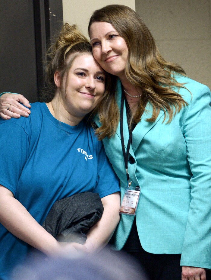 (Leah Hogsten  |  The Salt Lake Tribune) Utah Senate District 11 candidate Delaina Tonks hugs her daughter Amanda Jacox as the votes are tallied at the Utah Republican Nominating Convention Saturday, April 21, 2018 at the Maverik Center. 